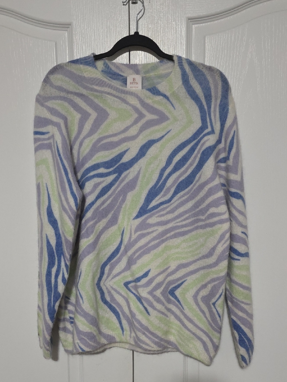 Pastel Zebra-Stripe Crewneck Sweater in Blue, Lavender & Light Green